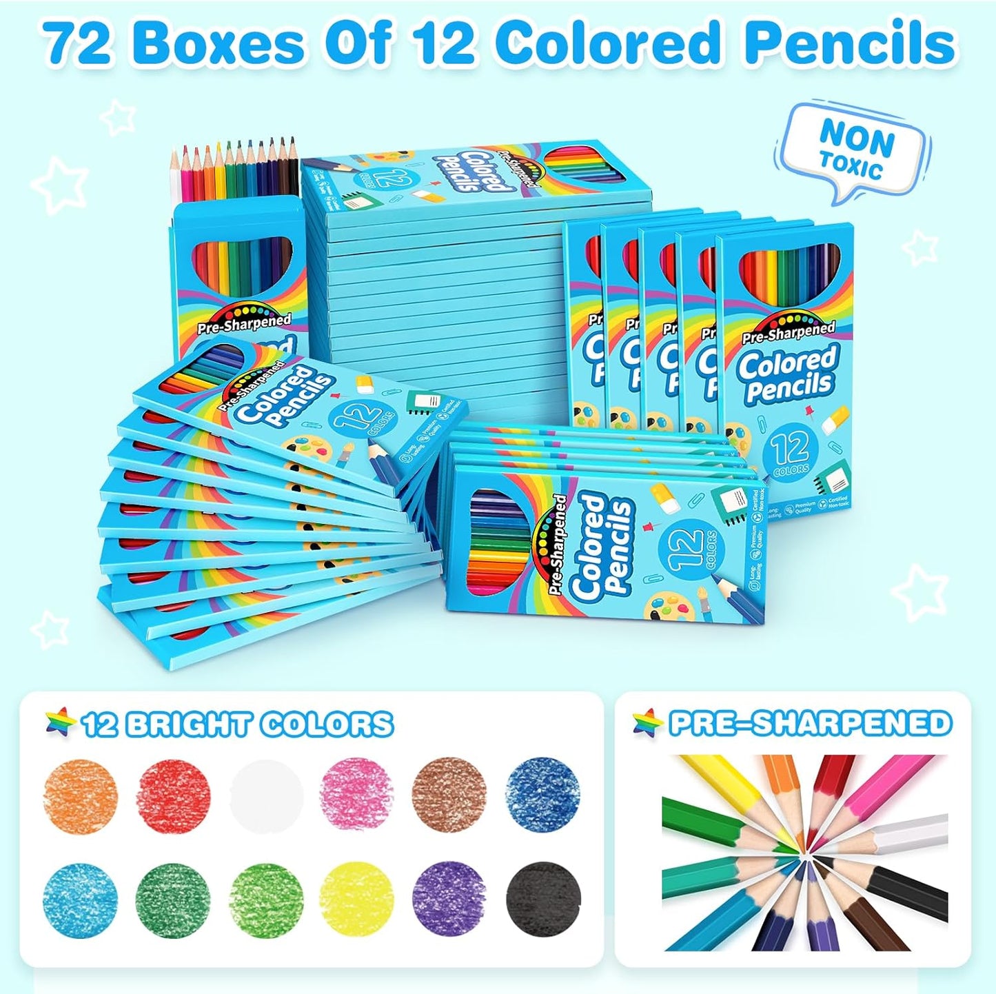 864 Count Colored Pencils Bulk, 72 Pack Colored Pencils for Kids, Pre-sharpened Coloring Pencils in 12 Vibrant Colors, Bulk School Supplies for Teachers, Classroom Prizes, Drawing Art Supplies