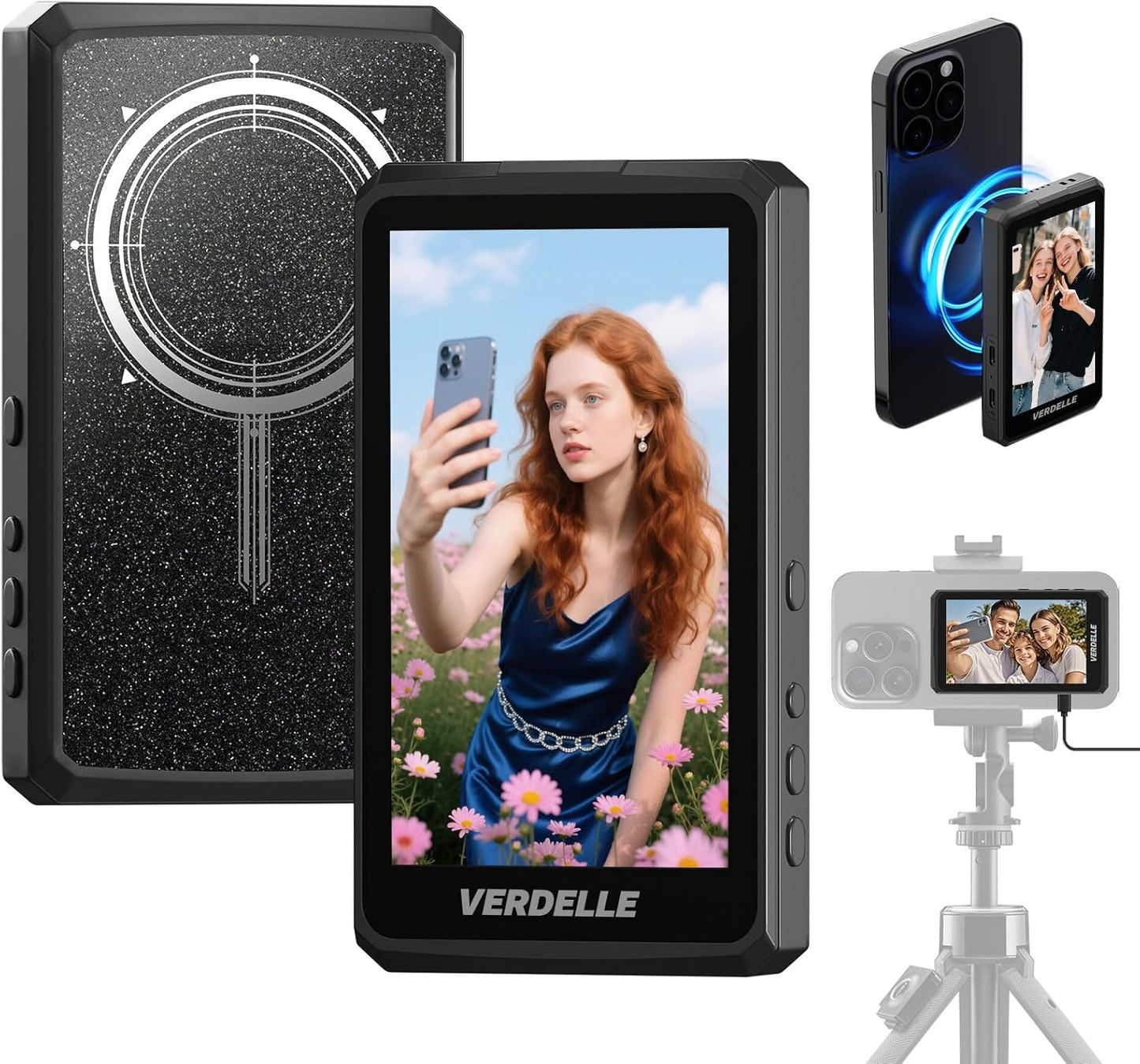 Vlog Selfie Monitor Screen, Magnetic Phone Selfie Screen 4K/1080p 60fps Bluetooth Remote, Back Camera Monitor Built-in Speaker for Vlog Live Stream TikTok (Black)