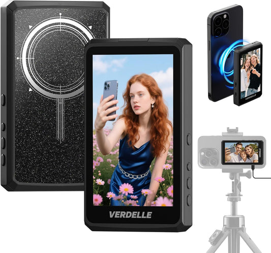 Vlog Selfie Monitor Screen, Magnetic Phone Selfie Screen 4K/1080p 60fps Bluetooth Remote, Back Camera Monitor Built-in Speaker for Vlog Live Stream TikTok (Black)