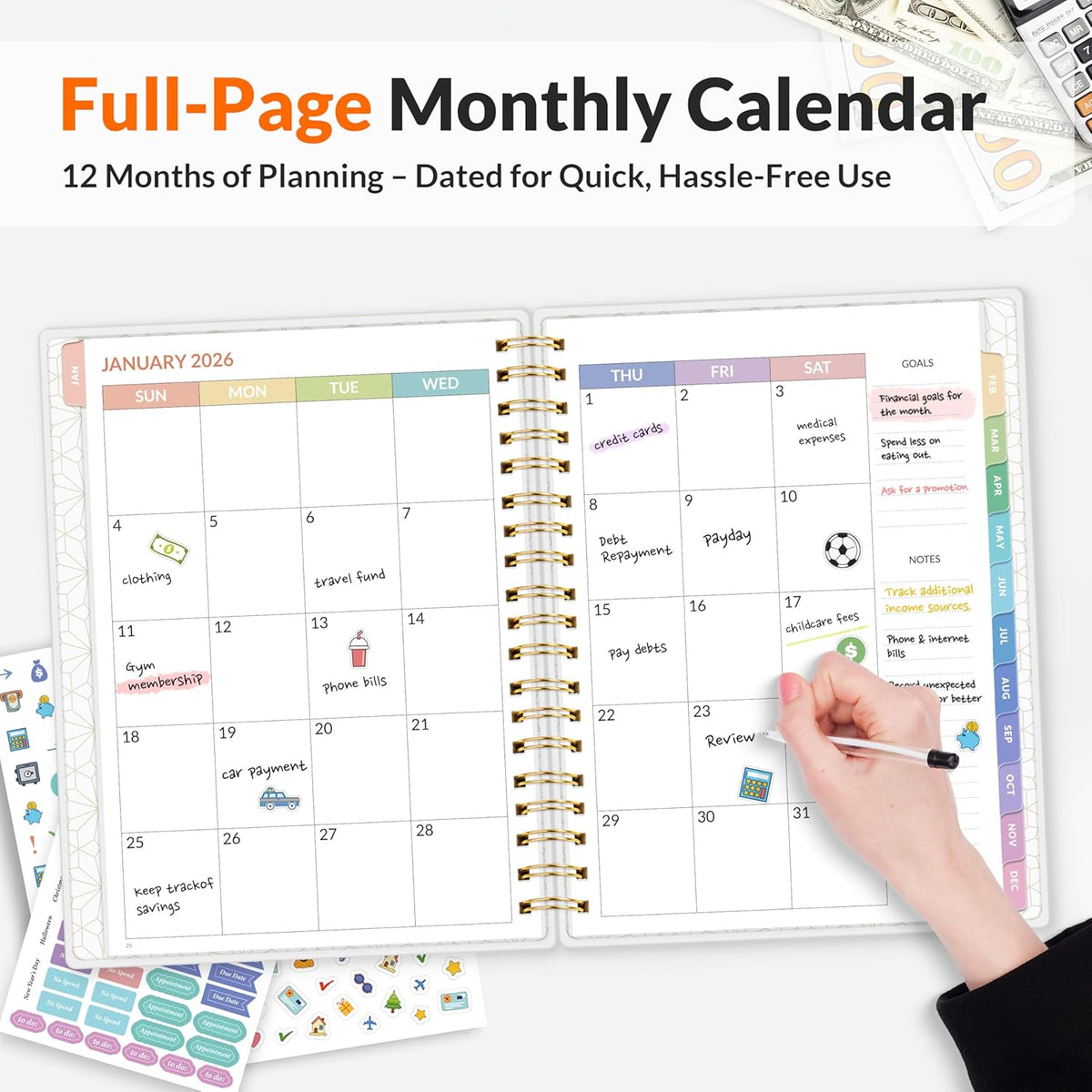SUNEE 2026 Budget Planner - Deluxe Monthly Budget Book from JAN 2026 - DEC 2026, Bill Organizer with 12-Pockets, Expense Tracker Notebook B5 Size (8" x 10"), Finance Planner Account Book, Green