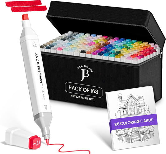 JACK BROWN 168 Colors Alcohol Markers Set with Fine & Chisel Dual Tip - Professional Art Markers for Adults & Kids, Perfect for Drawing, Sketching, Coloring & Animation - Includes Durable Marker Case