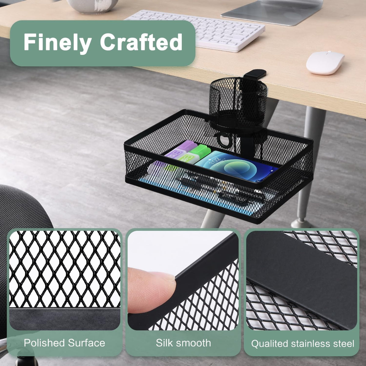 ROSYLINE 360°rotation under desk drawer, Drawer Under Desk Storage Organizer, Rotary Desk Storage Organizer with Cup Holder, Clamp Drawer Basket, sturdy and durable (black)
