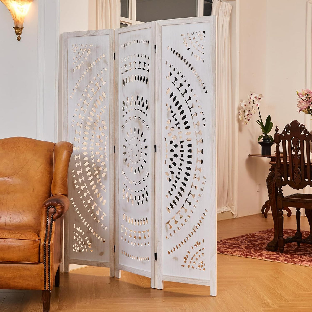 66.9Inch Folding Room Divider, 3 Panels Wood Carved Privacy Screens, Free Assembled Freestanding Partition for Home Office Restaurant Bedroom (White-Washed)