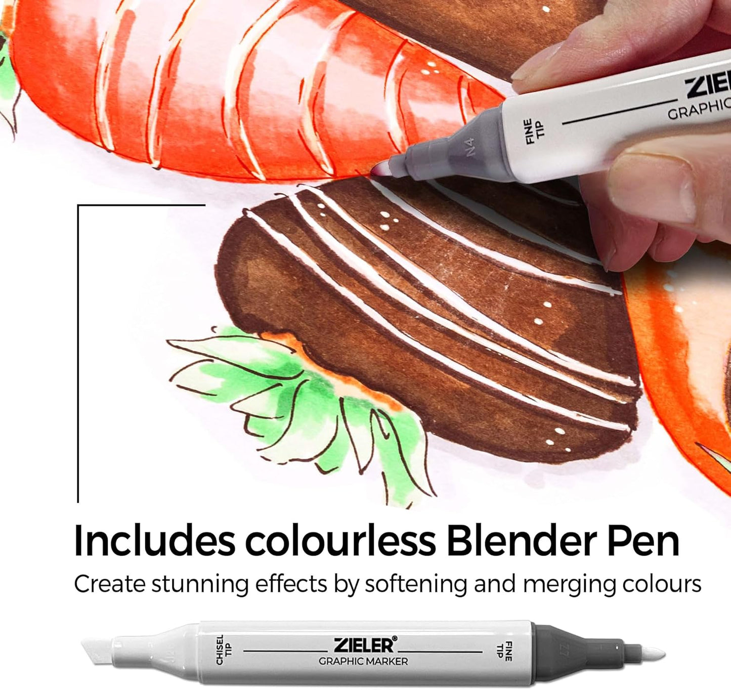 25+1 Artists Graphic Dual-Tip Graphic Marker Pens, 25 Colours+Blender, 1 Set