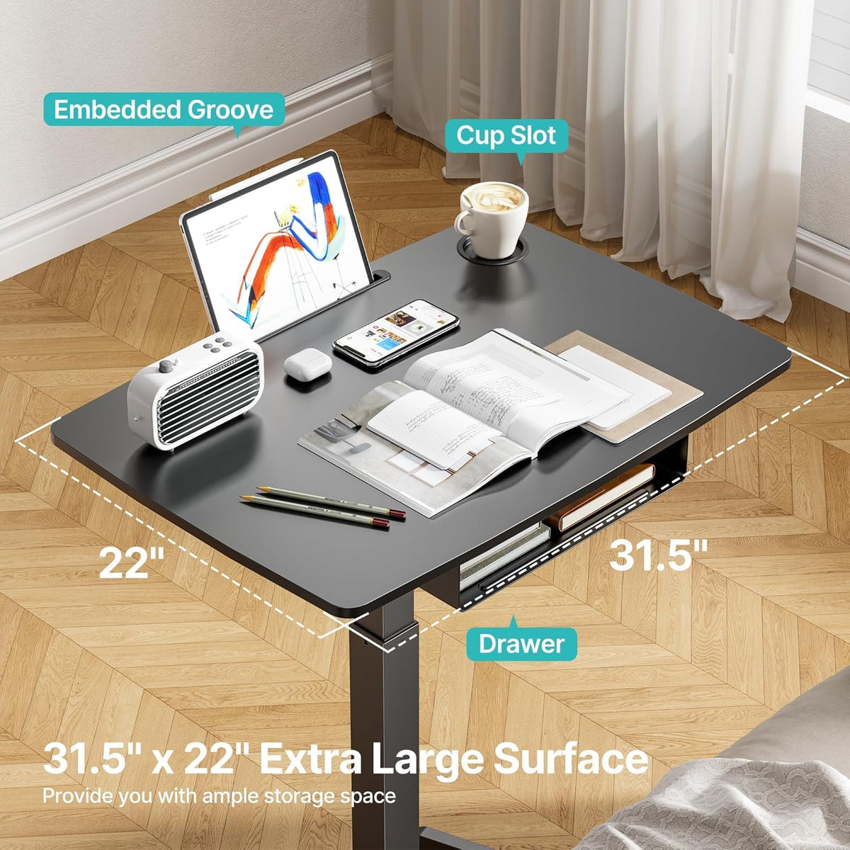 Standing Rolling Desk- 31.5' X 22' Extend Sanding Desk for Classroom, Height Adjsutable up to 44.3' Mobile Laptop Table with Wheels, Moveable Laptop Cart, Teacher Podium with Drawer, Black