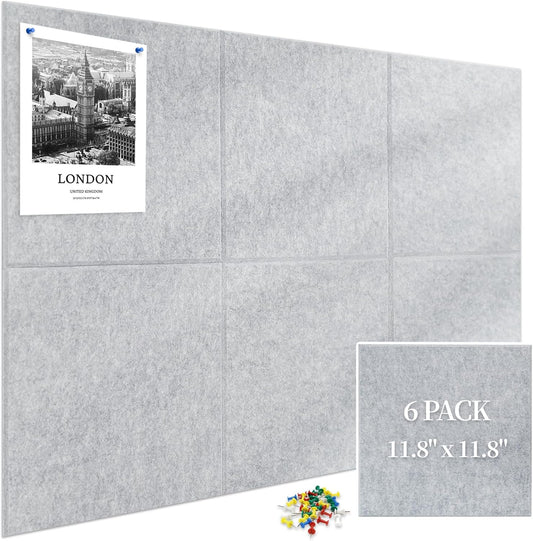 Large Cork Board for Wall 6 Pack, Bulletin Board 36" X 24", Felt Board Wall Tiles with 72 Damage-Free Removable Pads & Push Pins, Alternative Pin Board Cork Board for Office Home, Light Grey