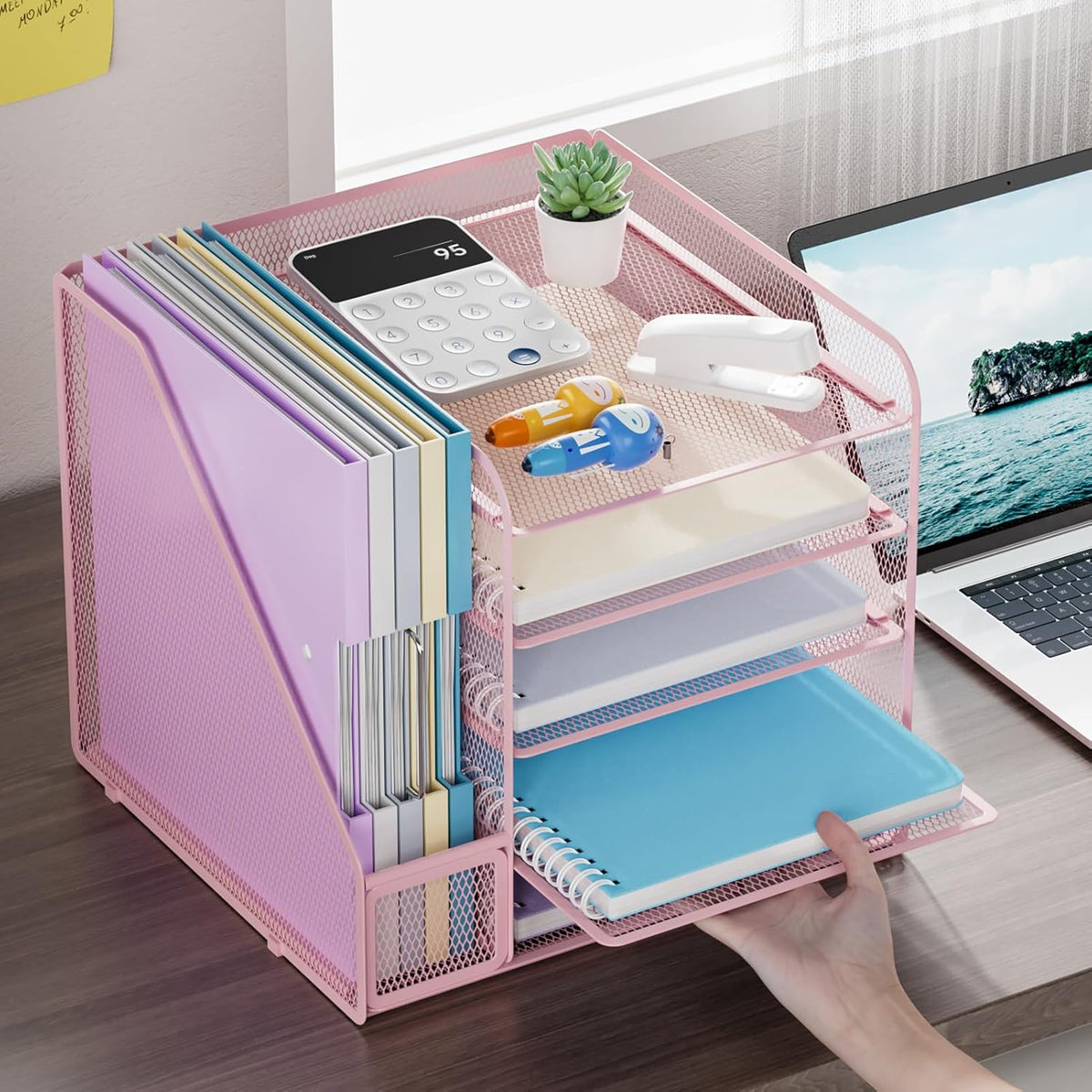 Marbrasse Desk Organizers and Accessories, 5-Tier Paper Letter Tray Organizer with File Holder, Mesh File Organizer, Office Desk Accessories & Organization for Supplies (Pink)