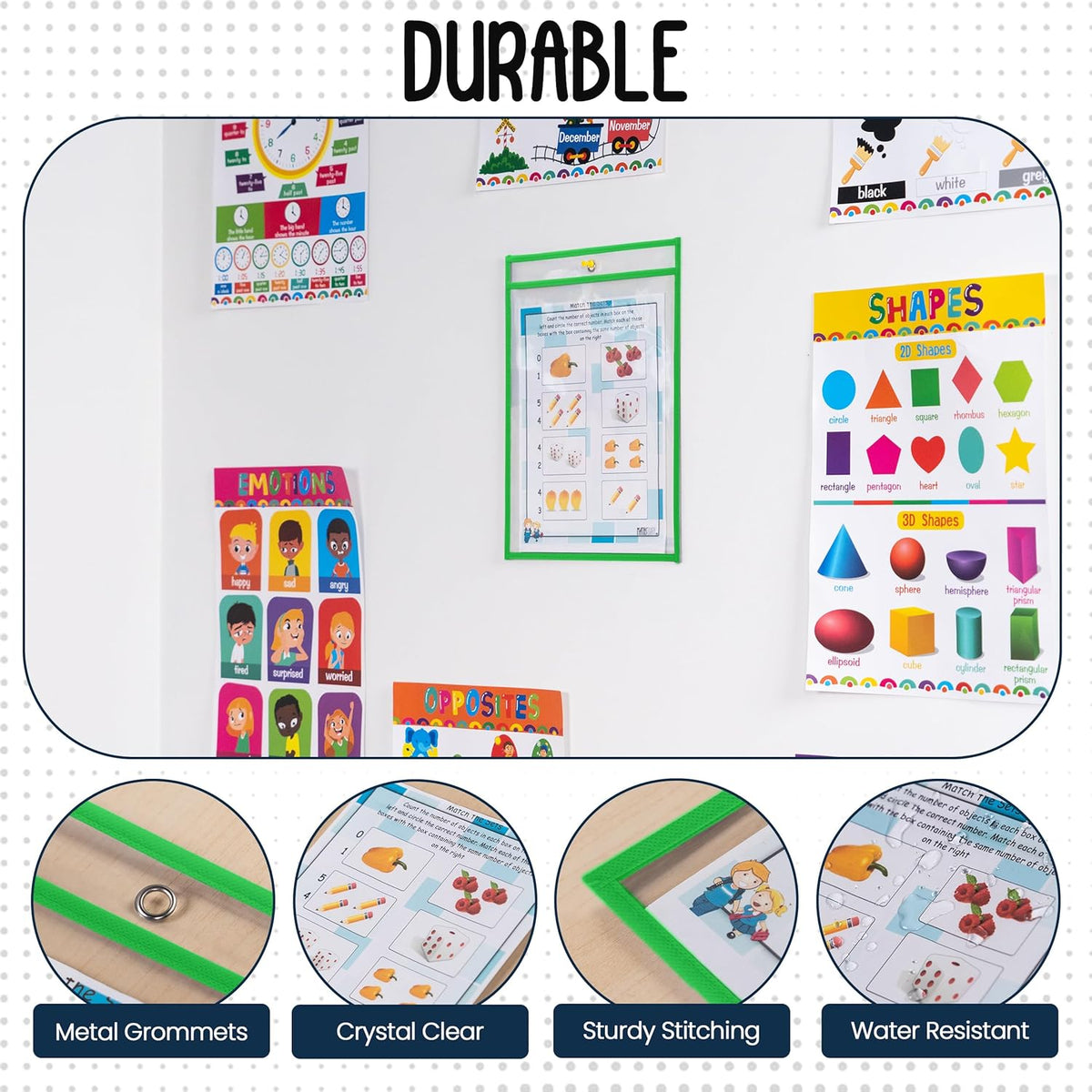 Essex Wares - 6 Pack, Neon Green, Water-Resistant Dry Erase Pocket Document Protectors, 10" Wide x 13.5" Tall - Dry Erase Clear Plastic Sleeves - Reusable & Easy Erase Plastic Invoice Holders