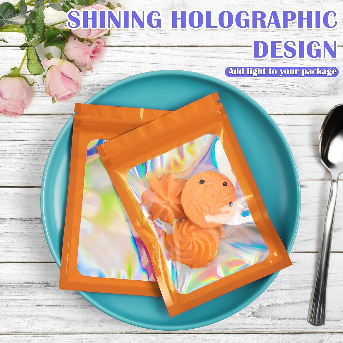 100 Pcs Mylar Bags, Smell Proof Bags Foil Pouch, Holographic Resealable Bags for Small Business, Candy Sample Jewelry Bag Sealable Packaging for Party Favor Food Storage ((2.8x3.9in-Orange)