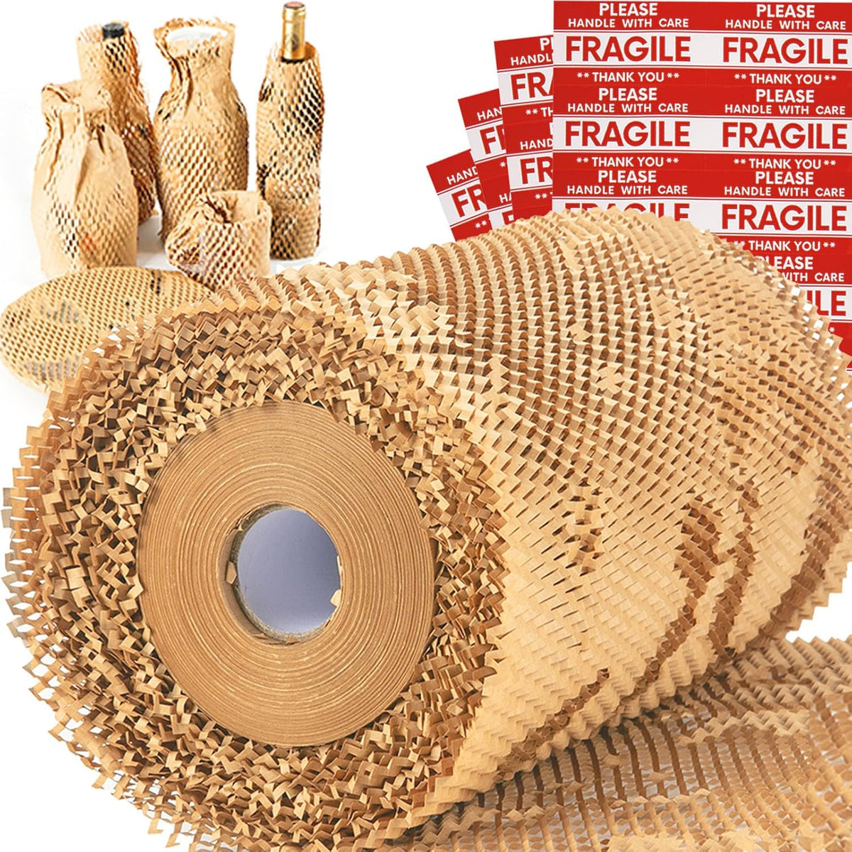 Honeycomb Packing Paper Wrap 15''x12000" (1000 ft), Substitute Alternative for Bubble Cushioning Wrap for Moving Shipping Packaging, Recyclable Moving Supplies with 48 Fragile Sticker Labels
