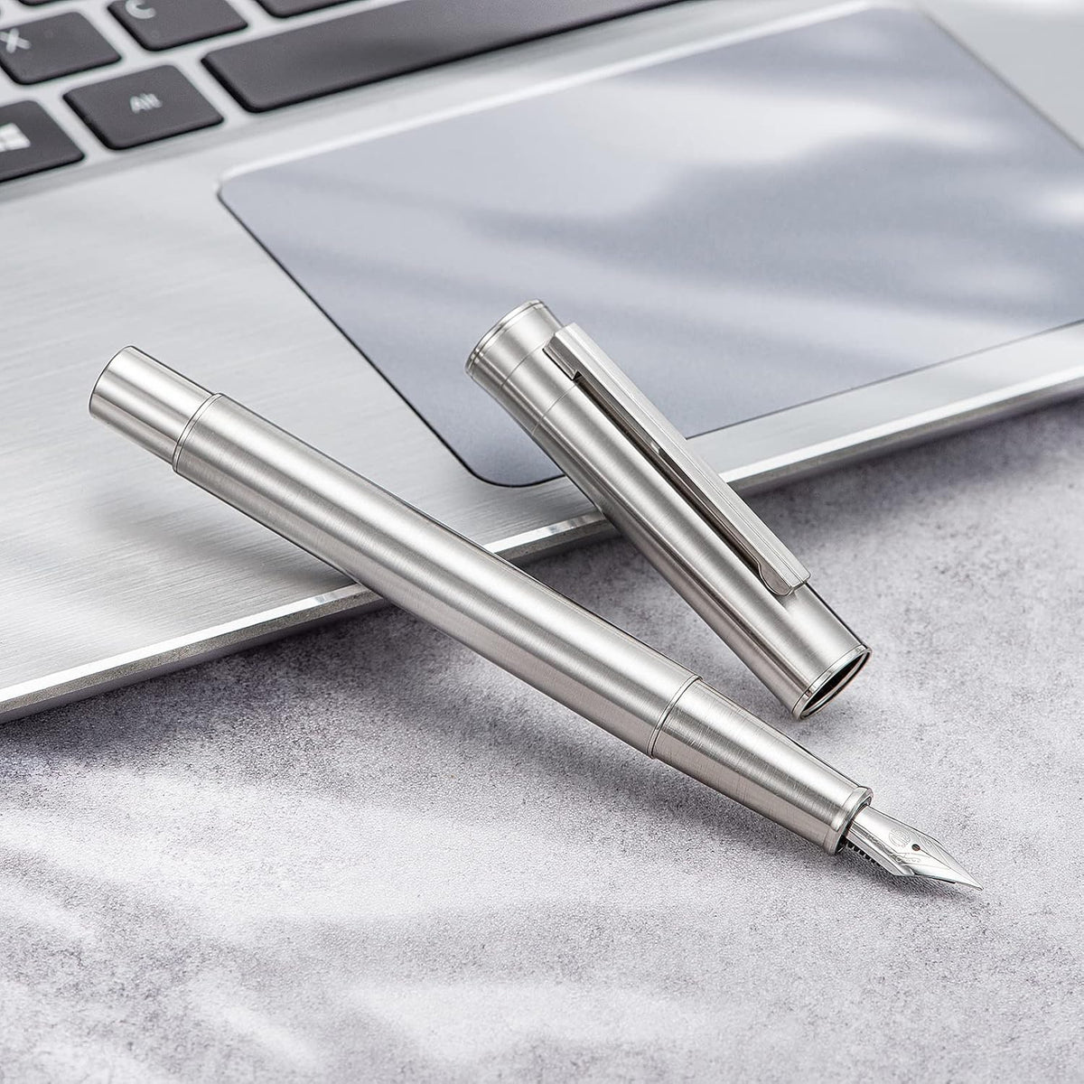 Hongdian 1861 Stainless Steel Fountain Pen Bent Nib, Classic Design Smooth Writing Pen with Converter and Metal Pen Case Set
