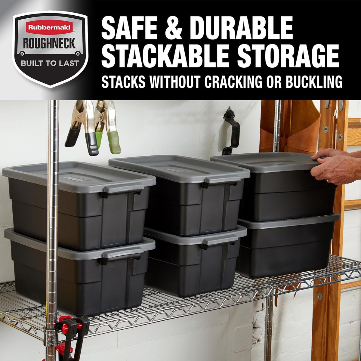 Rubbermaid 3-Pack Garage Storage Bins 18x12 Inch Heavy Duty Storage Bins, Large Capacity - USA Made Stackable Plastic Bins with Lids Black