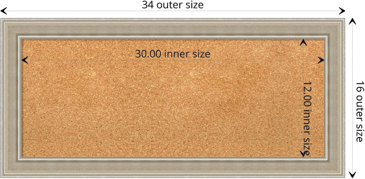 Amanti Art Natural Cork Board for Wall, 16x34 Vision Board with Silver Wood Frame, Medium Corkboard Office Decor for Home Organization, Modern Contemporary Corkboard Pinboard to display items for home