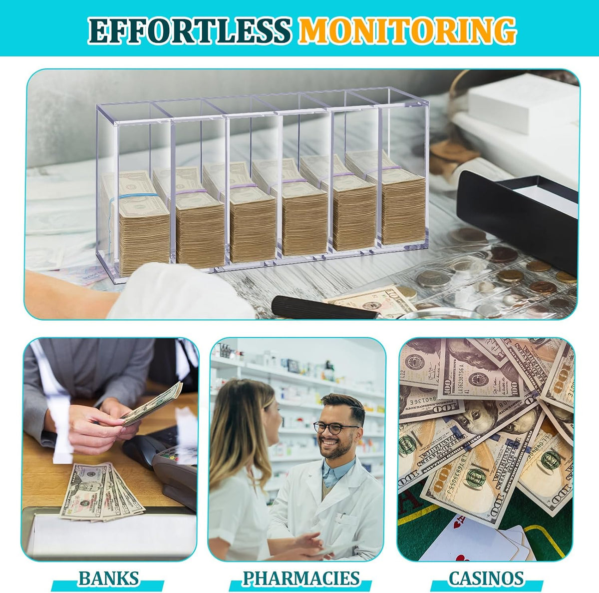 Leinuosen 25" x 12" x 7" Extra Large Clear Currency Tray with 6 Pocket Acrylic Cash Organizer Money Bill Storage Box for Bank Casinos Pharmacies
