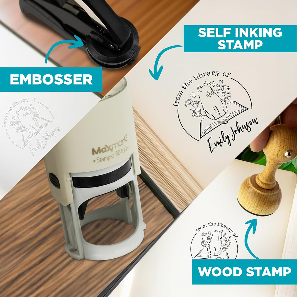 Custom Library Embosser - Style 105 - Embosser, Wood Stamp or Self Inking Stamp - Book Embosser Includes 50 Gold Seals - Custom Stamp Seal from The Library of
