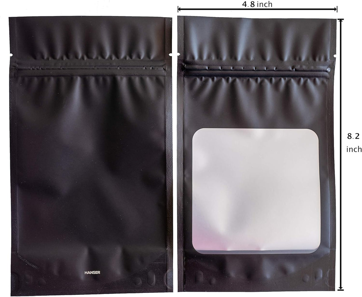 HANSER | Smell Proof Odorless Mylar Resealable Foil Pouch Bags with clear Window | Stand up bottom | Airtight | matte black | 100 Pieces | 4.8x8.2 Inches