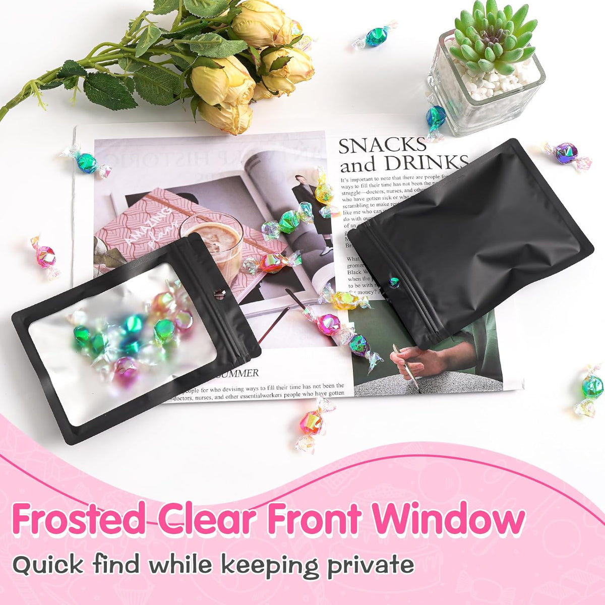 FUNFERY Mylar Resealable Bags Foil Packaging Bags with Clear Window,Zipper Pouch Smell Proof Bag for Food Storage,Cookies,Sample,Small Business(Black,2.4x3.9inch)-98 Pack