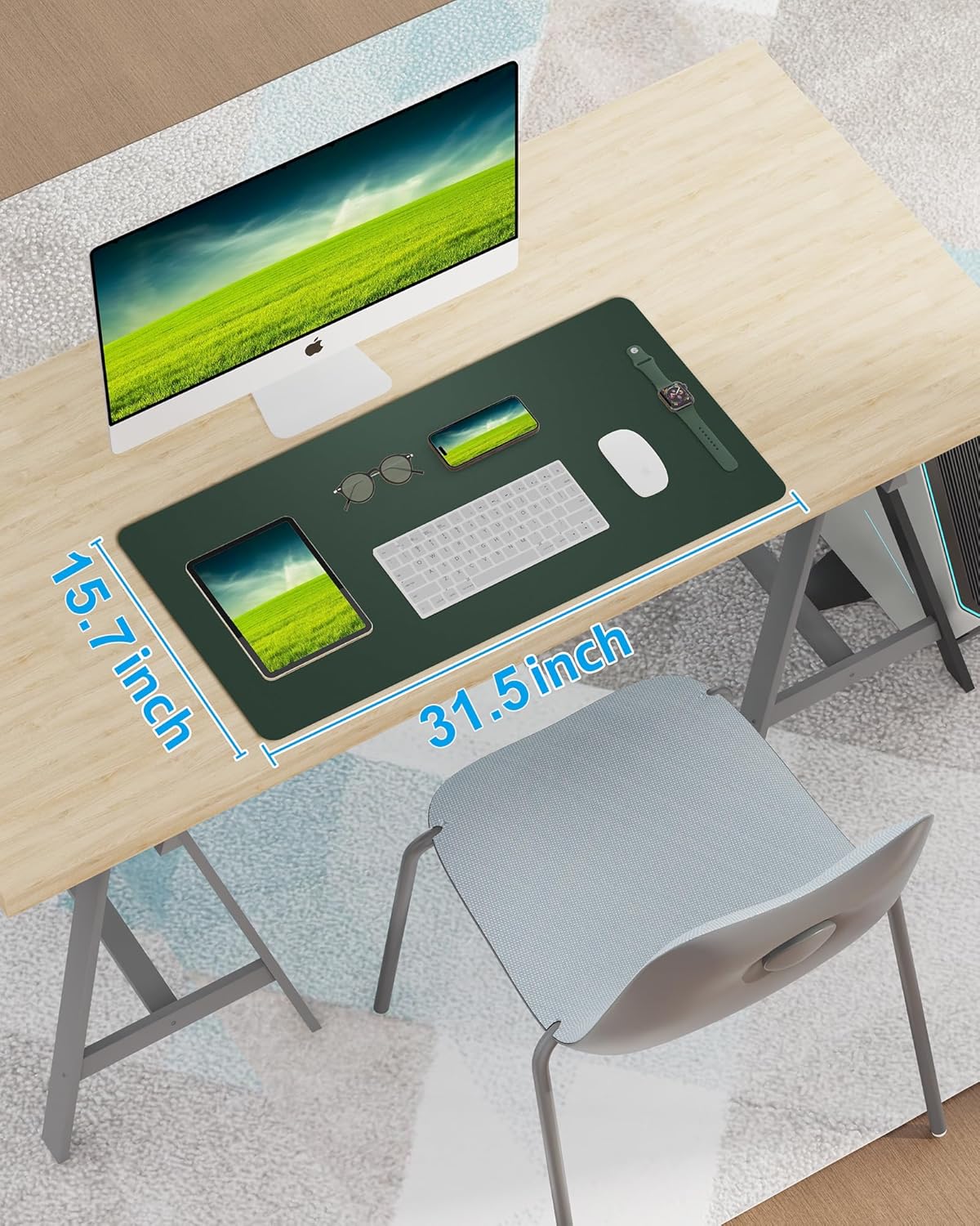Leather Desk Pad Blotter,Mouse Pad,Office Desk Mat, Non-Slip PU Leather Desk mat,Large Desk mat,Waterproof Keyboard mat for Office/Home/Decor (Dark Green,31.5" x 15.7")