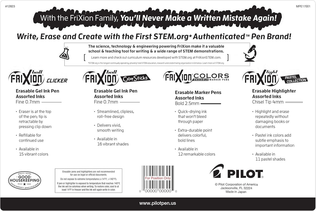 Pilot, FriXion Assorted Erasable Gel Ink Pens, Marker Pens & Highlighters, Pack of 17, Assorted Colors
