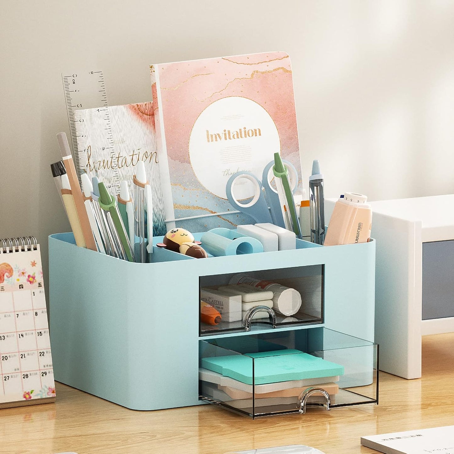 Marbrasse Pen Organizer with 2 Drawer, Multi-Functional Pencil Holder for Desk, Desk Organizers and Accessories with 5 Compartments + Drawer for Office Art Supplies (Blue)
