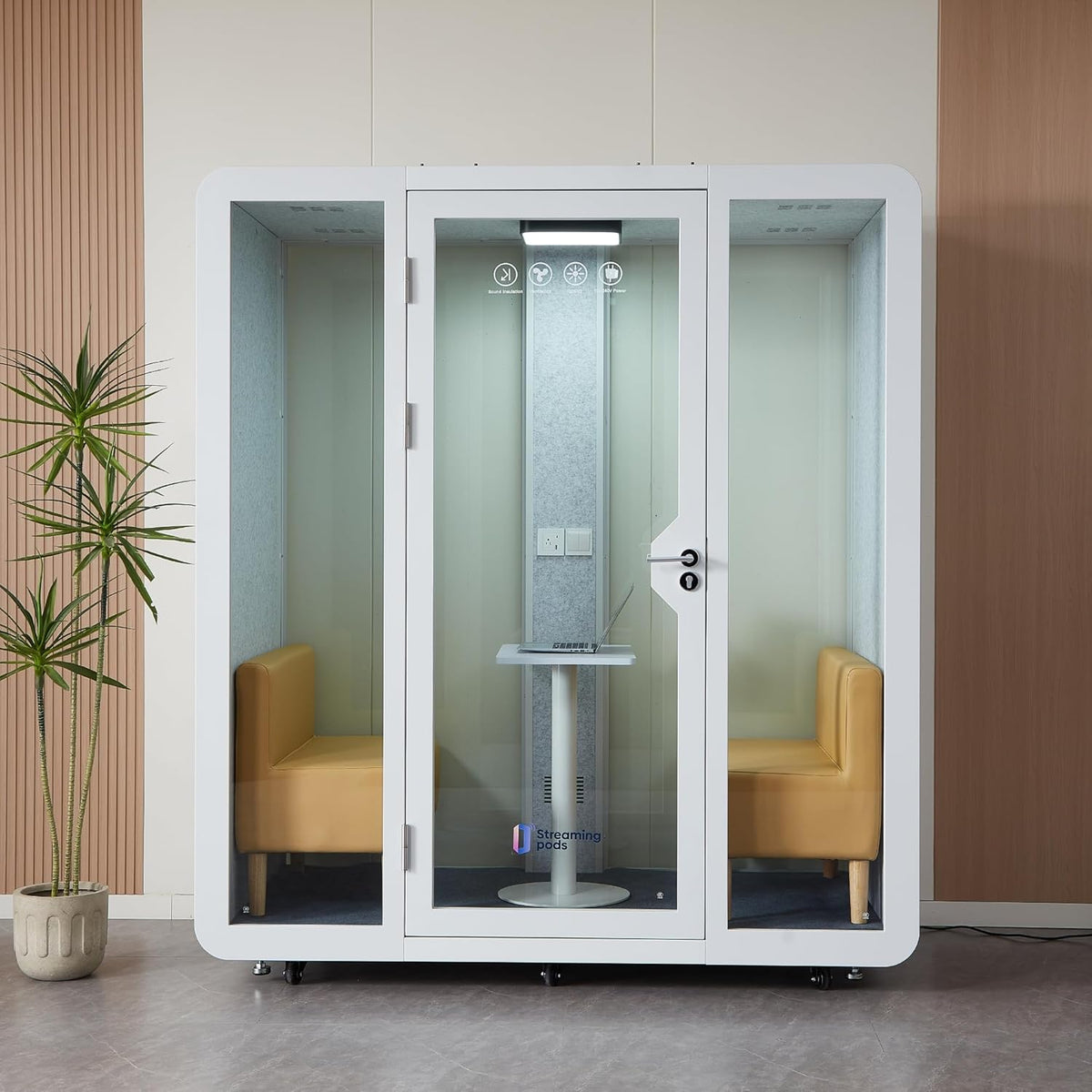 GEARONIC Mobile Office Pod Booth, Standard Sound Proof Office Pod for 2 People, Sound Pod Booth with Mobile Roller, LED Lighting System,Fans and AC USB Ports