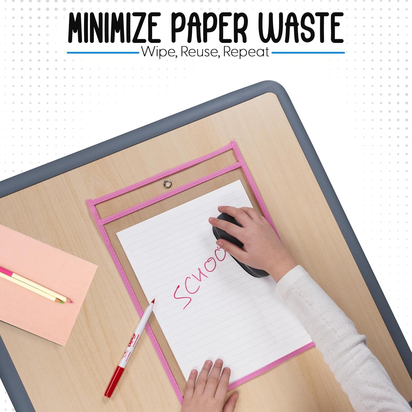 Essex Wares - 6 Pack, Pink, Dry Erase Pocket Document Protectors, 10" Wide x 13.5" Tall - Dry Erase Clear Plastic Sleeves - Reusable & Easy Erase Plastic Invoice Holders, Water-Resistant & Durable