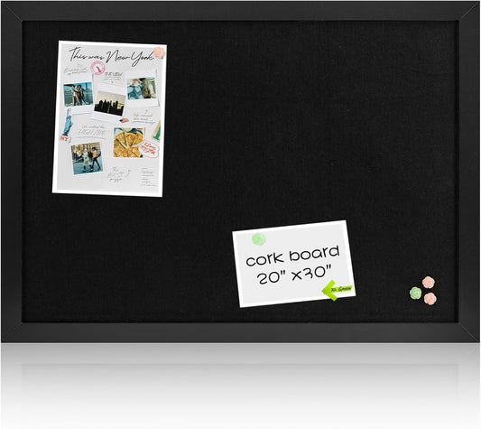 Board2by Black Cork Board Bulletin Board with Linen, Wood Framed 30" x 20" Corkboard, Office Board for Wall Decor, Wall Mounted Pin Board Picture Board with 20 Pushpins for School, Home & Office