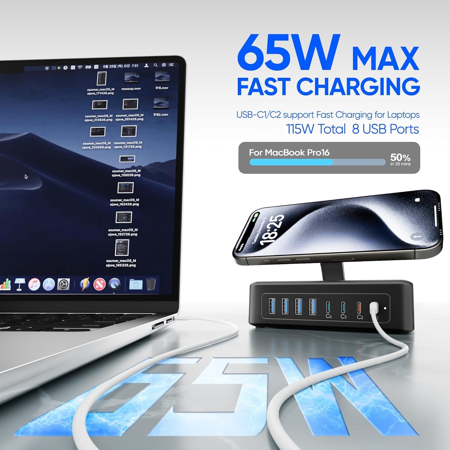 115W USB Charging Station Power Strip, 11-in-1 USB C Charger Block, 2AC Outlets with 8USB Ports(4USB-C), 5FT Flat Plug Extension Cord, Fast Charging Desktop Charger for Home Office Dorm Room, Black