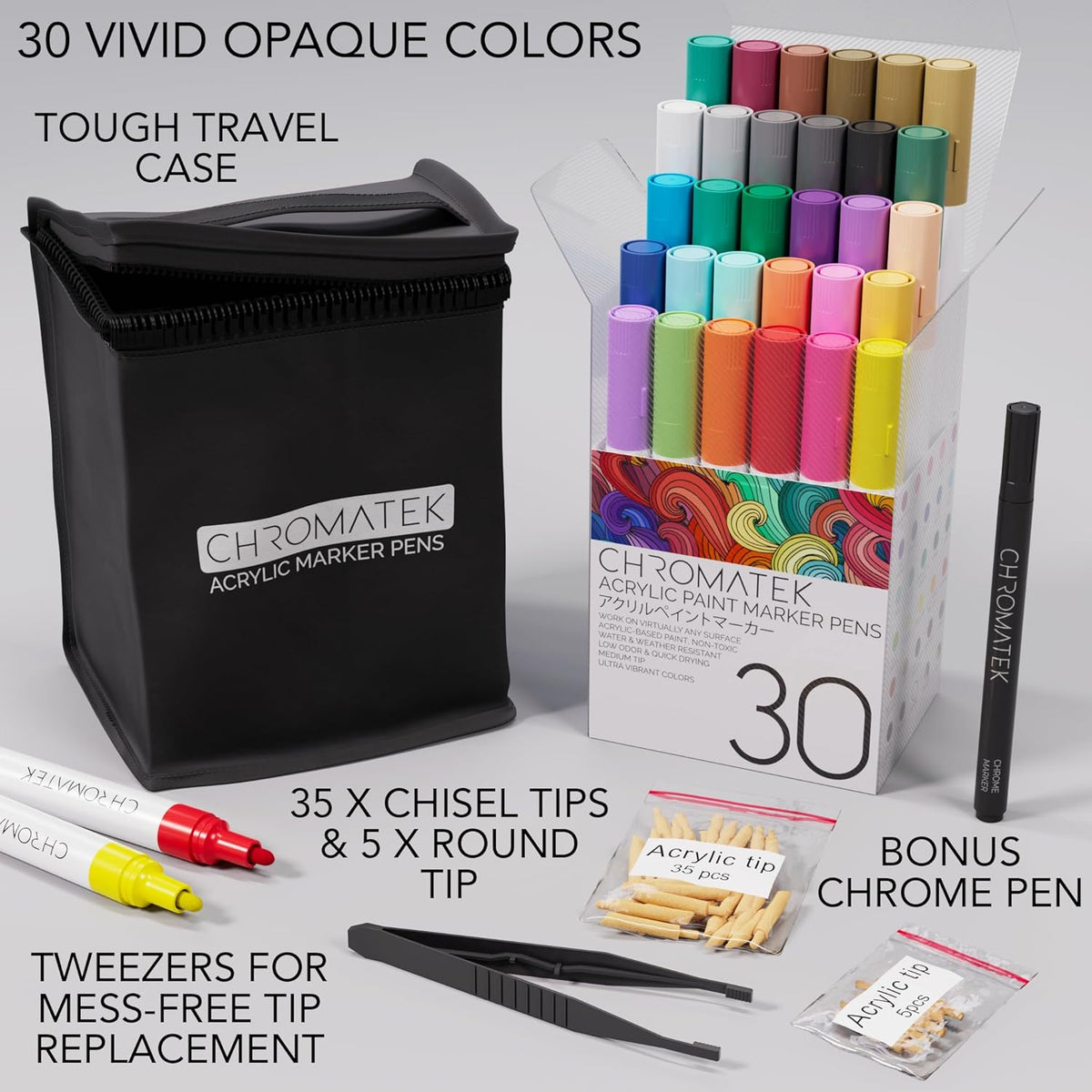 CHROMATEK Dual Tip Acrylic Paint Markers - 30 Colors Premium Paint Pens for Canvas, Rock Painting, Glass, Wood, Ceramic, DIY Crafts Art Supplies - Waterproof, Quick Drying with Video Tutorials & Ebook
