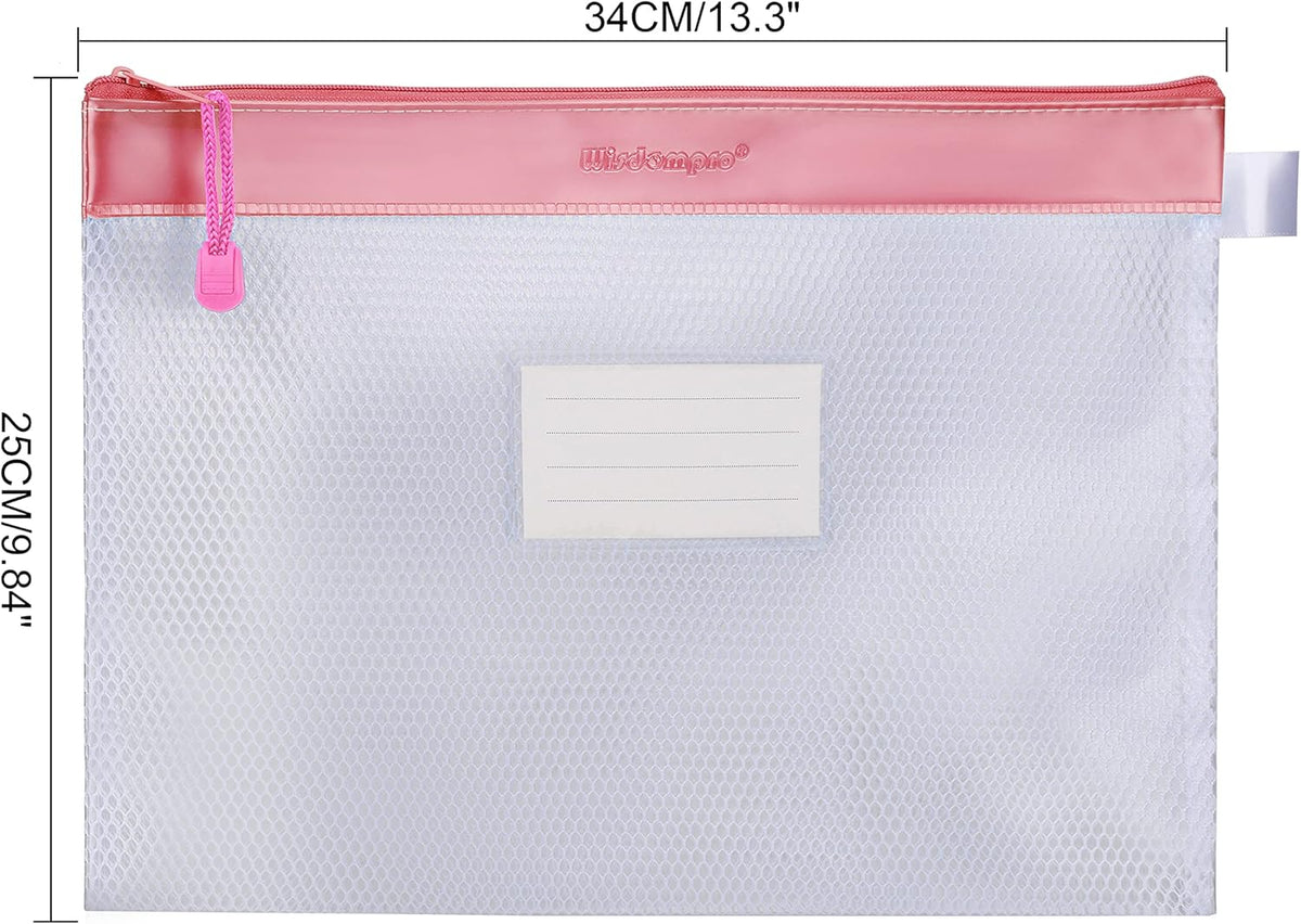 Zipper Pouch, Wisdompro 4 Packs Durable Letter Size Waterproof Mesh File Bag, Document Organizer - Pink