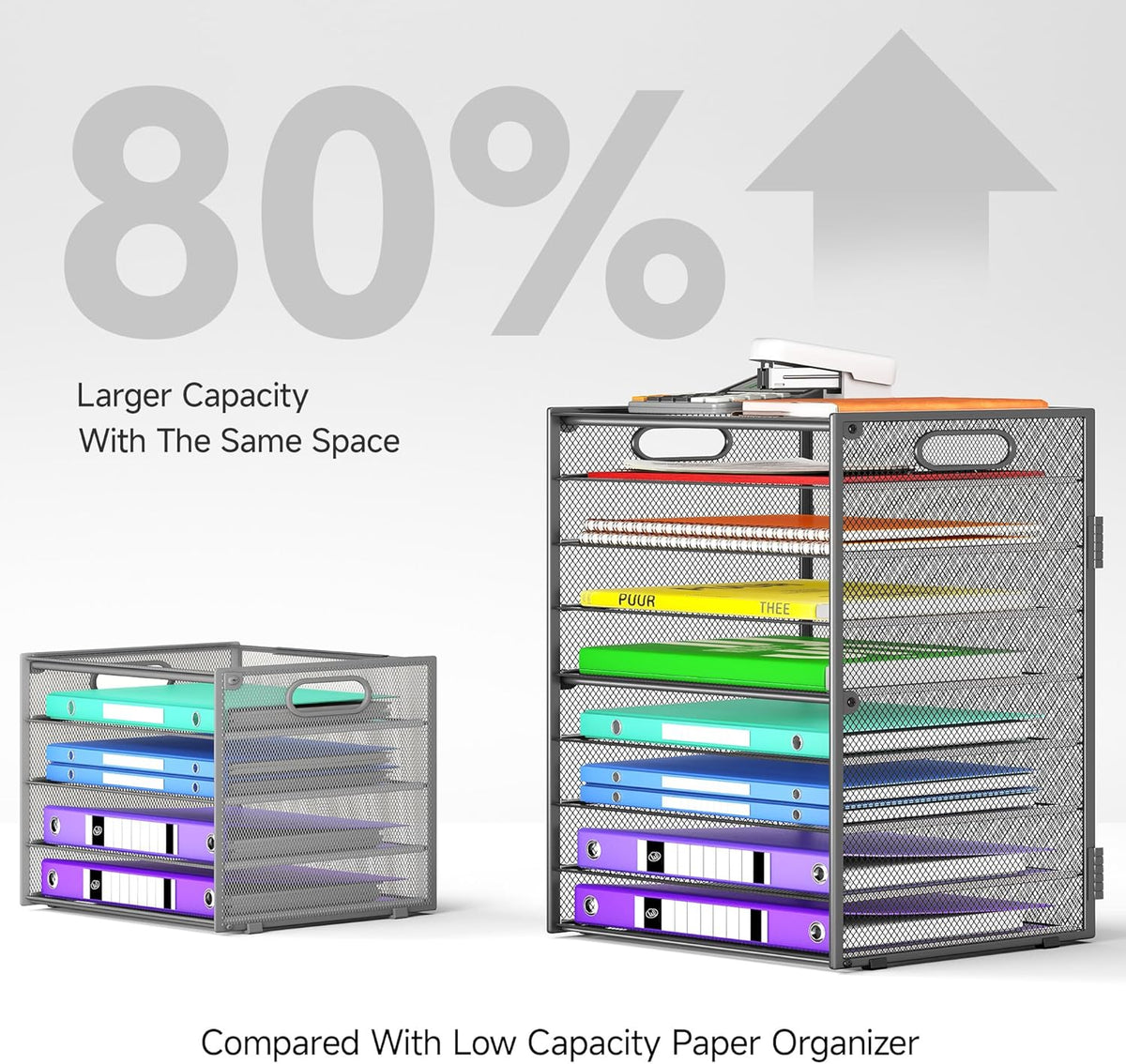 9 Tier Paper Organizer with Handle, Large Capacity Desk Organizer Mesh Paper Letter Tray File Folder Document Sorter for Classroom and Office Accessories Organization- Grey (2 Pack)