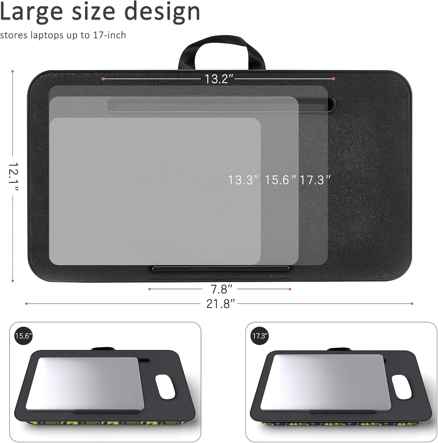 Millhome Lap Desk | Portable Laptop Desk – Fits Up to 17.3" Laptops – Detachable & Washable Cushion, Phone Holder, Device Ledge – for Writing, Working, Reading on Bed, Couch, Sofa, Floor – Green Palm