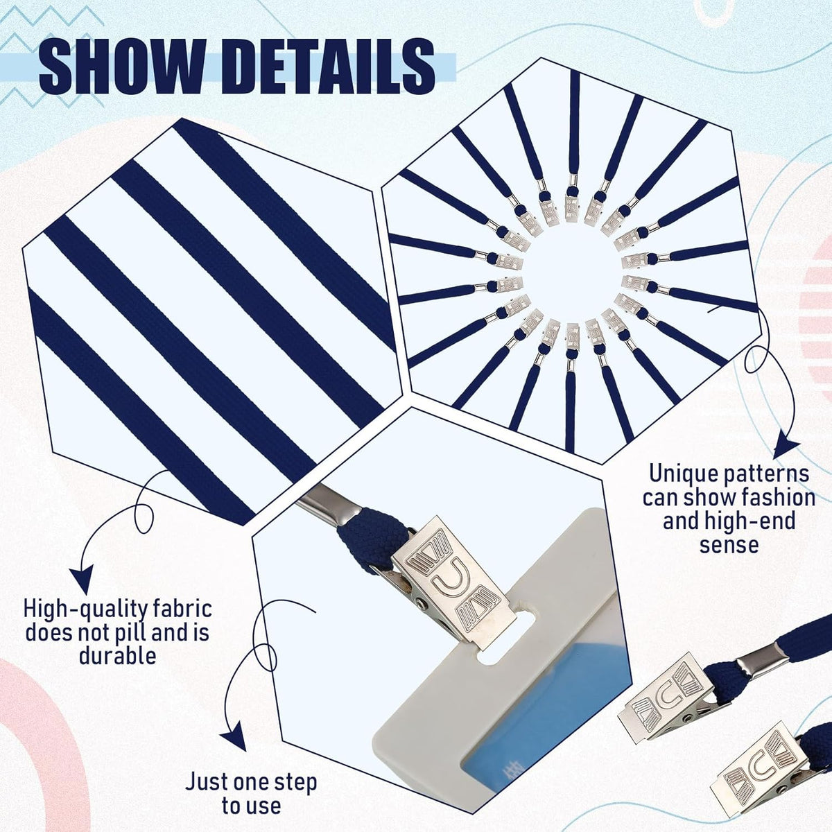 Patelai 100 Pack Double Clip Lanyards Bulk Face Mask Lanyards Twist Free 2 Hook Design Adjustable ID Badges Neck Straps for Conferences Office School Class Card Keychain (Navy Blue)