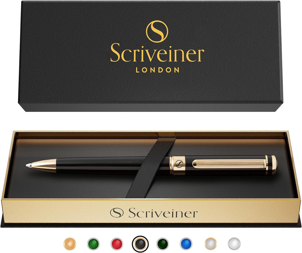 Scriveiner Black Lacquer Ballpoint Pen -Stunning Luxury Pen, Real Gold Plating, Schmidt Black Refill, Best Gift Set for Men & Women, Professional Executive Office, Nice Fancy Designer Pens