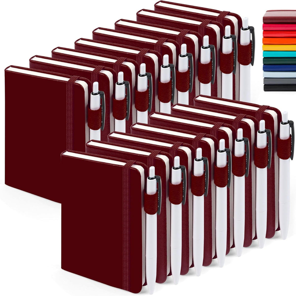 feela 15 Pack Pocket Small Notebooks Bulk, Mini Cute Notepads Hardcover College Ruled Lined Journals with Pen Holder for School Business Memos, with 15 Black Pens, 3.5”x 5.5”, A6, Wine