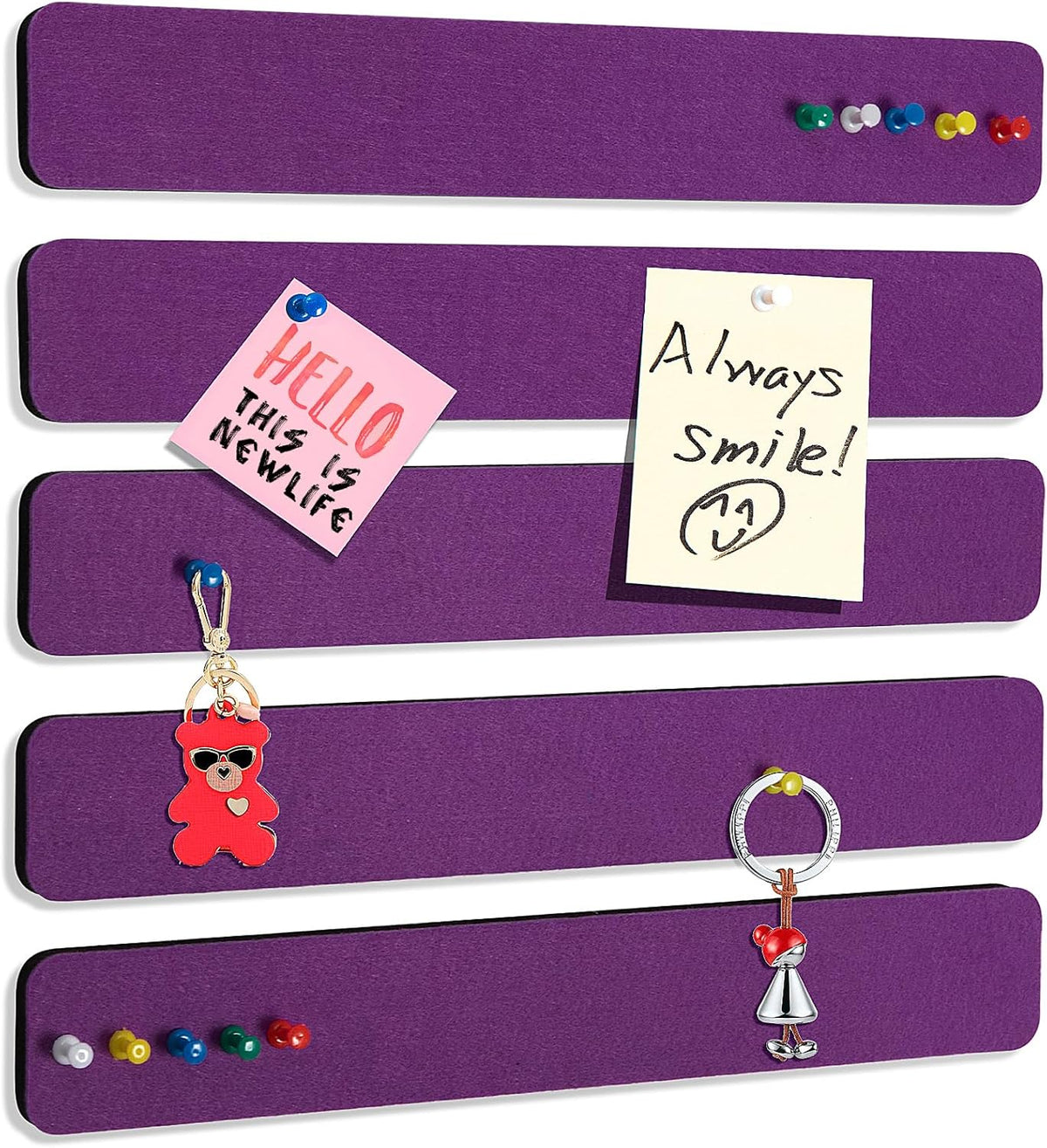 Felt Pin Board Bar Strips Bulletin Board for Bedrooms Offices Home Wall Decoration, Notice Board Self Adhesive Cork Board with 35 Push Pins for Paste Notes, Photos, Schedules (Purple)