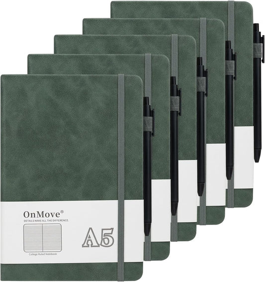 Notebooks Journal for Women Men 5 Pack Bulk Leather Hardcover with Pen Holder A5 160 Pages 100 GSM Thick Paper for Work School Lined Green