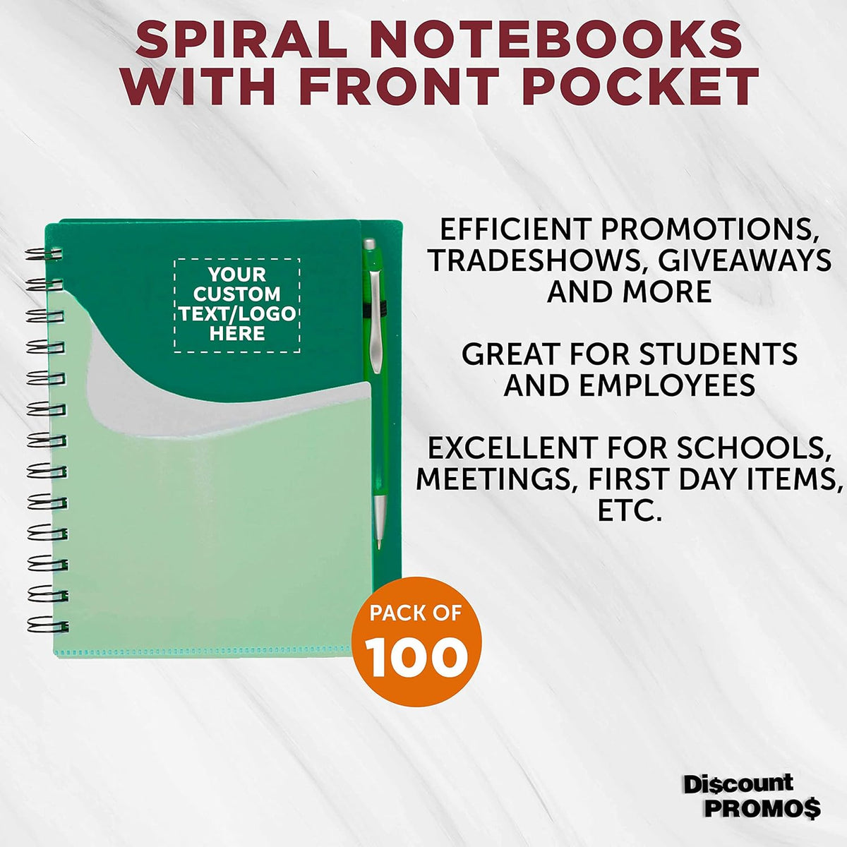 DISCOUNT PROMOS Custom Spiral Notebooks with Front Pocket Set of 100, Personalized Bulk Pack - Durable Plastic Cover, Includes Matching Pen in Blank Ink, Perfect for School, Office, Home - Green