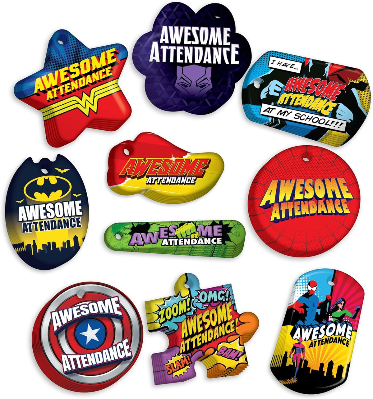 Awesome Attendance Heroes Brag Tag Value Pack to Improve Student School & Classroom Attendance: 100 Tags (10 Tags for Each Design) + 25 USA-Made 24" Hypoallergenic Aluminum Safety Chains