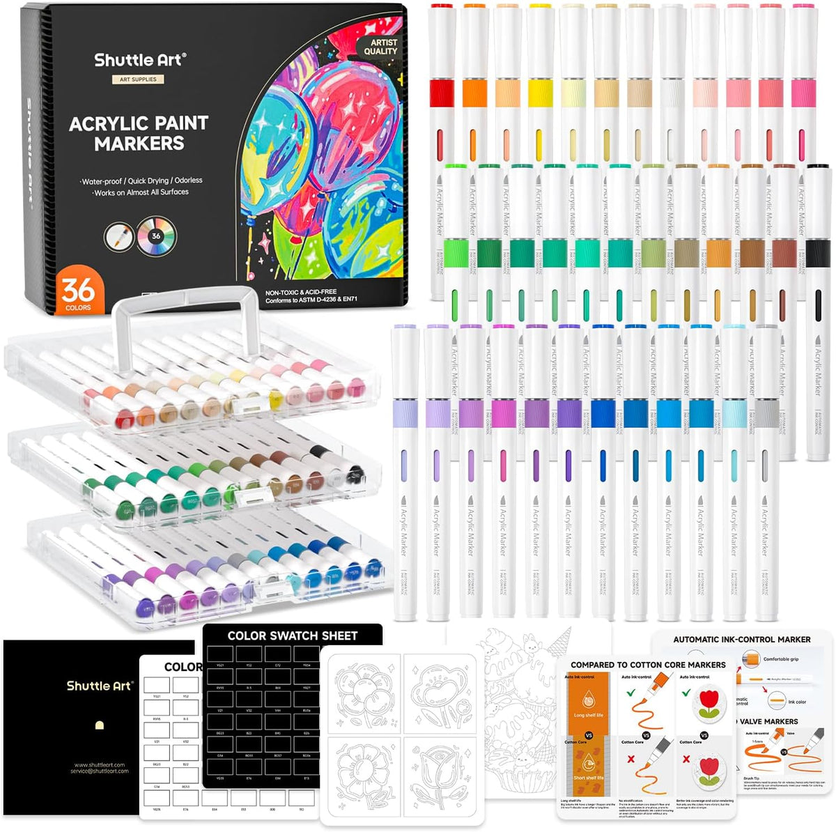 Shuttle Art Automatic Ink Control Acrylic Paint Markers, 36 Colors Brush Tip Acrylic Paint Pens for Rock Painting, Ceramic, Wood, Canvas, Glass, Stone, Fabric, Card Making, DIY & Art Supplies