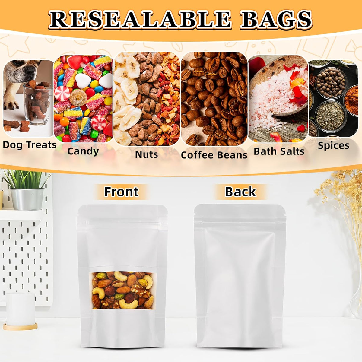 Food Bags 100 Pack Granola Trail Mix Bags Mylar Bags with Window Resealable Mylar Stand Up Pouches Wax Melt Candy Bar Tea Packaging Beef Jerky Chip Bag Bolsas para Carne Seca (5.5"x7.9")