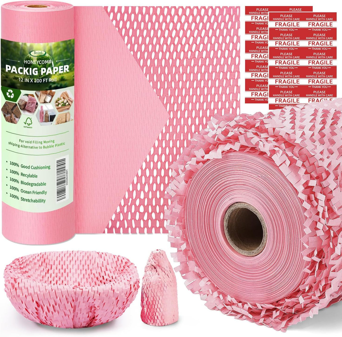 Honeycomb Packing Paper, 12" x 200' Packing Paper Substitute Alternative for Bubble Cushioning Wrap for Moving Shipping Packaging, Recyclable Moving Supplies Bubble Packing Wrap Roll-Pink