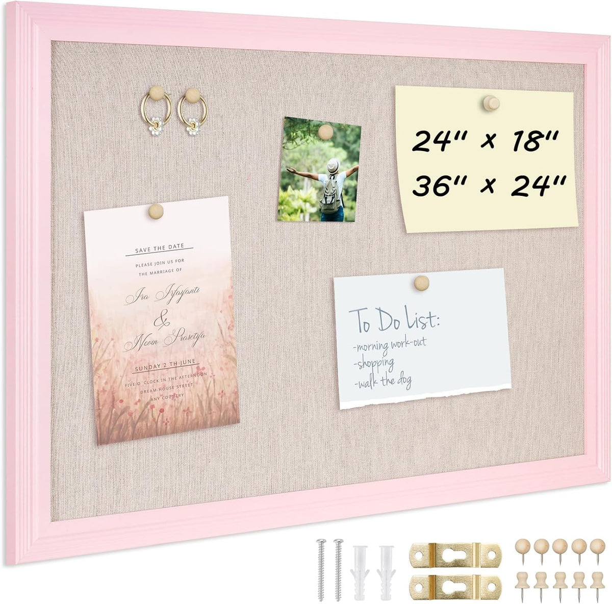 DOLLAR BOSS Bulletin Board with Linen 24'' x 18'' Pink Framed Cork Boards for Walls, Photo Display Pin Board, Decorative Corkboard for Office Home School Girls Dorm Decor with 10 Pushpins, White