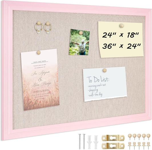 DOLLAR BOSS Bulletin Board with Linen 24'' x 18'' Pink Framed Cork Boards for Walls, Photo Display Pin Board, Decorative Corkboard for Office Home School Girls Dorm Decor with 10 Pushpins, White