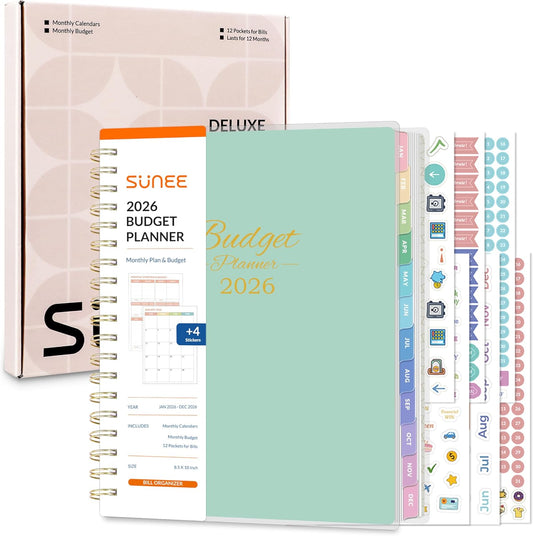 SUNEE 2026 Budget Planner - Deluxe Monthly Budget Book from JAN 2026 - DEC 2026, Bill Organizer with 12-Pockets, Expense Tracker Notebook B5 Size (8" x 10"), Finance Planner Account Book, Green