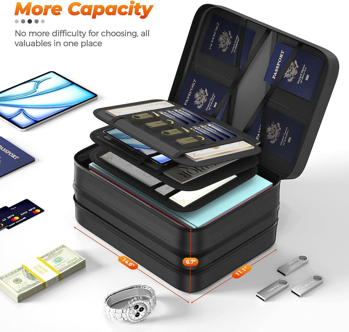 Fireproof Document Bag with lock, Expandable Capacity Document Organizer with Zipper Protection, Fireproof ＆ Waterproof Box for File Storage, Portable Home Travel for Important Documents, Soft Bag