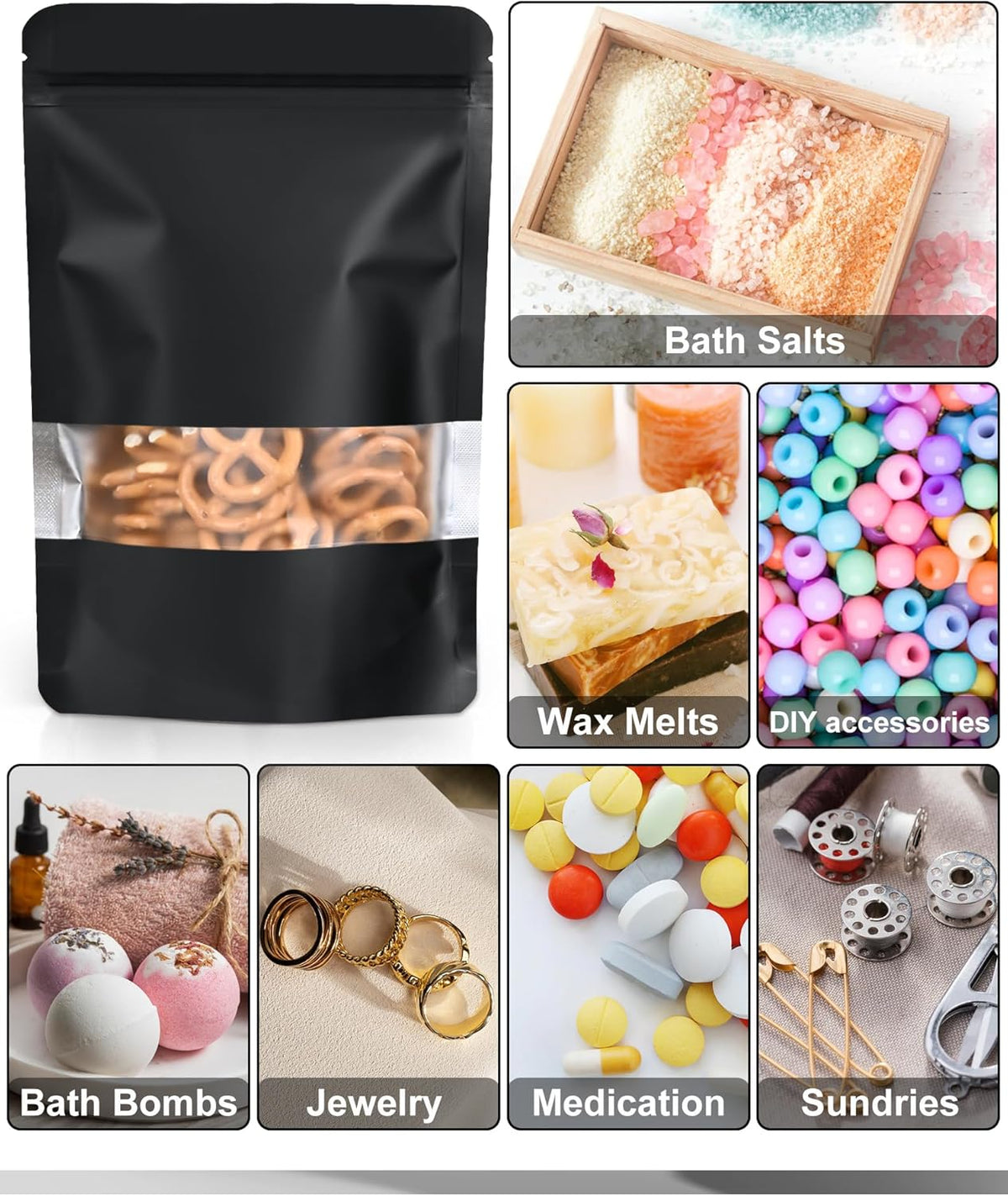 FireKylin 100 Pack Smell Proof Bags, Resealable Bags with Matte Window, Foil Pouch Stand Up Sealable Bags for Packaging（Black，4" x 6"）