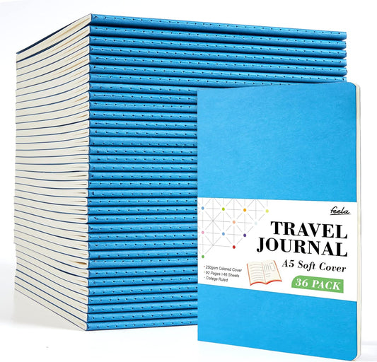 36 Pack Soft Cover Journal Bulk, Feela Lined Blank Travel Journal for Women Men Writing, Notebooks College Ruled for Work, Note Taking Notebook School Business Supplies, 8.2” x 5.5”, A5, Blue