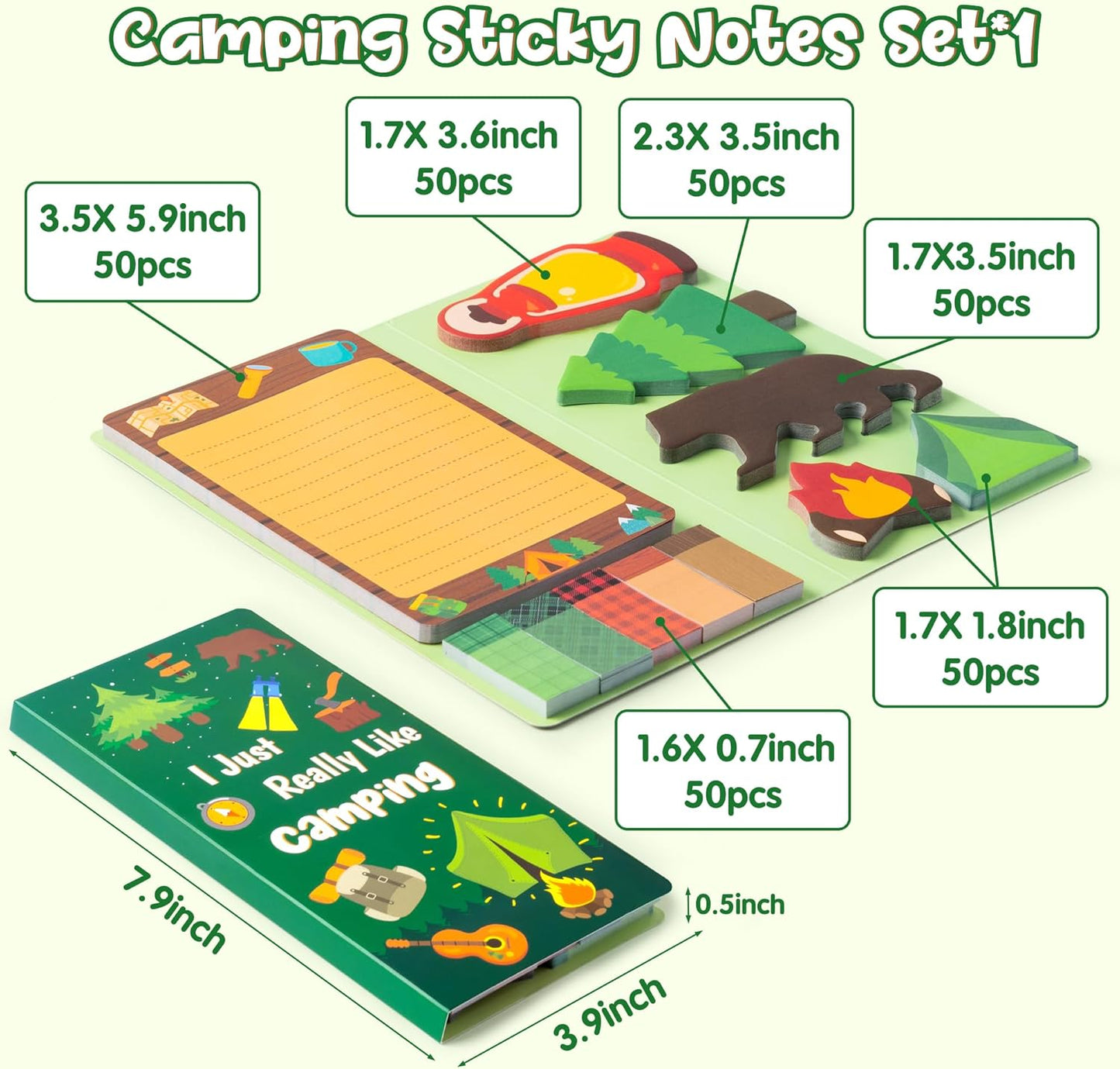 Xqumoi I Just Really Like Camping Sticky Notes Set, 550 Sheets, Camp Adventure Self-Stick Note Pads Tree Bear Tent Writing Memo Pads Page Marker Student Classroom Back to School Gift Office Supplies