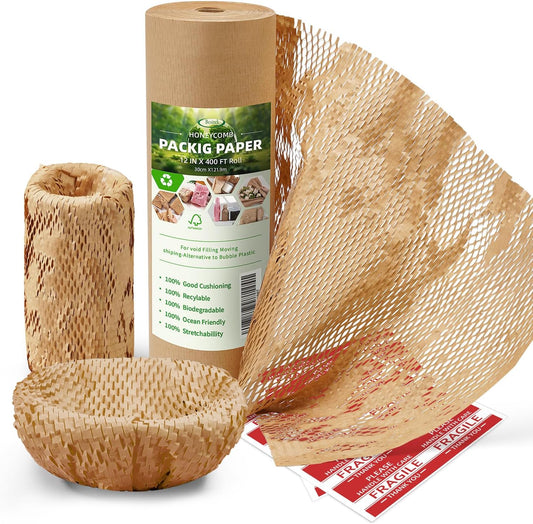 Honeycomb Packing Paper, 12" x 400' Honeycomb Cushioning Wrap Roll for Moving Shipping Packaging Gifts, Recyclable Honeycomb Paper Bubble Paper Wrapping with 20 Fragile Sticker Labels